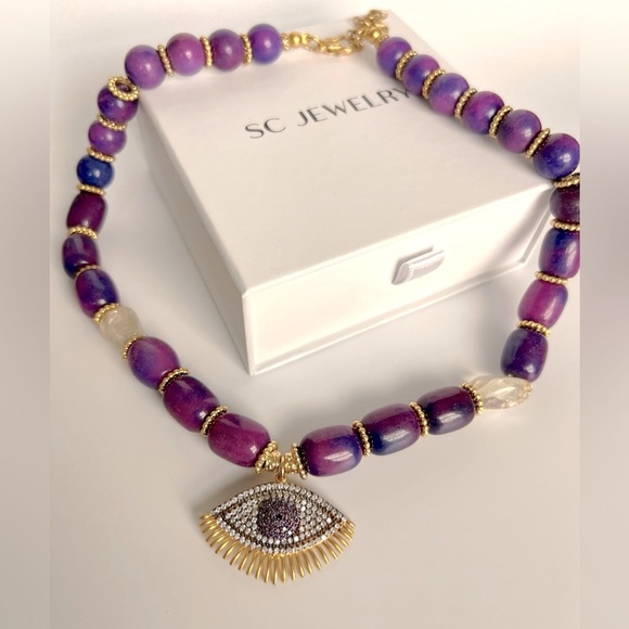 Gemstone Necklace - Natural Agate Stone w/ Purple Evil Eye | Handcrafted Jewelry - Picture 3 of 8